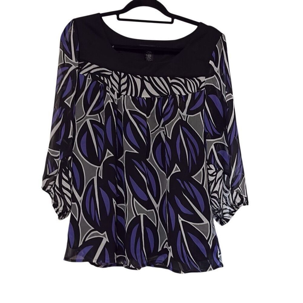 Moonlight Bay Purple Black Floral Leaf Abstract Print Flowy Long Sleeve Top XL‎